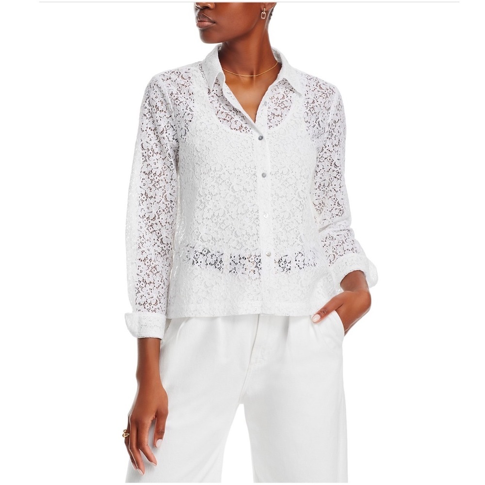 Single Thread Button Front Lace‎ Blouse White Long Sleeve XL
